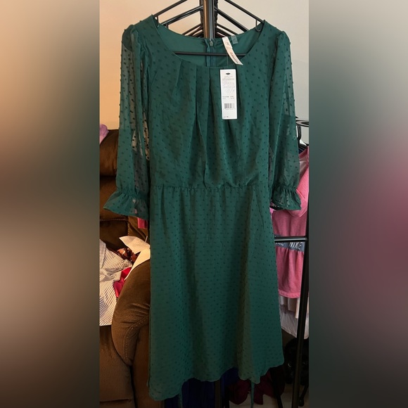 Oil Green Rectangle Short Sleeve Belted Swiss Dot Dress - Plus